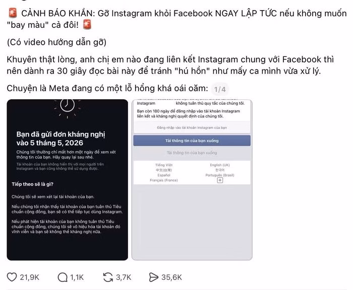 Nhiều bài đăng cảnh báo về rủi ro khi liên kết tài khoản Facebook và Instagram trong đợt rà soát này.