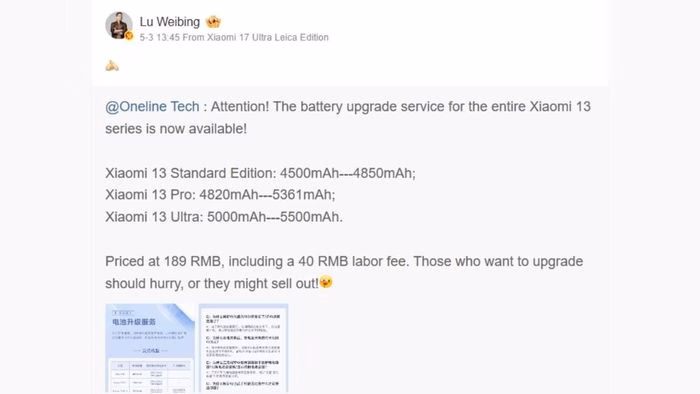 Người dùng Xiaomi 13 series tại Trung Quốc hiện có thể nâng cấp lên viên pin dung lượng cao chính hãng để cải thiện thời lượng sử dụng.
